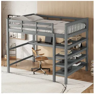 OKWISH Bett Stauraumbett Funktionsbett Hochbett, Betten für Zuhause (Gästebett Jugendbett Holzbett mit Ablagefächern und Unterbettschreibtisch, 140 x 200cm), Ohne Matratze grau