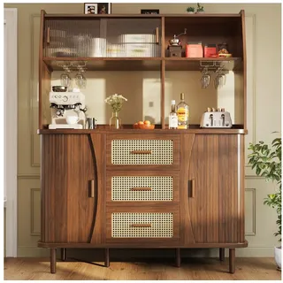 Flieks Küchenbuffet Hochschrank mit Glasschiebetüren und Rattan-Schubladen Holzoptik (140x40,5x174,5 cm, 1-St., Mehrzweckschrank mit Massivholzbeine) Küchenschrank mit Arbeitsplatte und Gläserhalter Walnussholzfarbe braun