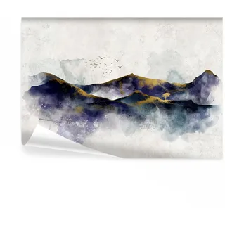 decomonkey Fototapete Landschaft, 250x175 cm, Berge Hügel Abstrakt Golden | Gebirge, Vögel, Aquarelle, Vlies, Schlafzimmer, Wohnzimmer, Tapete, Fototapeten, Tapeten, Vliestapete, Wandtapete, moderne