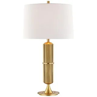 Casa Padrino Luxus Tischleuchte Antik Messing / Weiß Ø 38  x H. 71 cm - Tischlampe mit rundem Leinen Lampenschirm