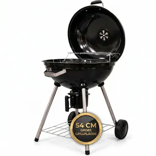 Kugelgrill 54 cm Holzkohlegrill mit Deckel & Thermo-Luftregulierung – Große Grillfläche Ø54 cm – Mobiler BBQ Grill mit Aschebehälter & Ablage – Holzkohle Standgrill für Garten & Terrasse