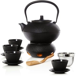 Bonvivre© Gusseisen asiatisches Teeset 12-tlg emailliert -  4 Personen | Teekanne (1,4 L), Teewärmer, Tassen, Untersetzer, Dosierlöffel, Siebeinsatz
