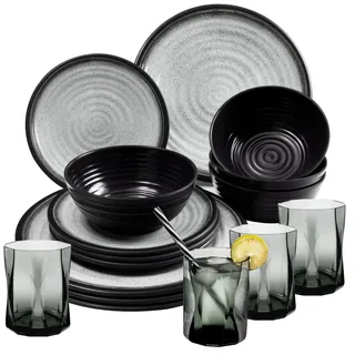 Melamin Geschirr Set für 4 Personen Grau Granit-Optik 16 Teile - mit grauen Trinkgläsern 300 ml - Campinggeschirr Geschirrset Tafelgeschirr - Spülmaschinengeeignet Tableware Outdoor Camping