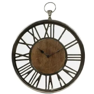 Casa Padrino Luxus Wanduhr im Design einer antiken Taschenuhr Silber / Naturfarben Ø 45 cm - Dekorative runde Uhr mit einem Ziffernblatt aus unbehandeltem Holz