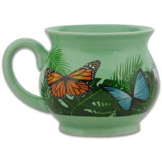 DELICATINO Mate Becher MARIPOSA - Grüne Tasse mit Schmetterlingen aus Keramik - Volumen 150 ml - Spülmaschinenfest