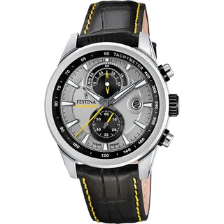 Festina Herren Uhr Analog mit Schwarzem Lederarmband - Quarzwerk - Chronograph - Kalender - Mineralglas mit hoher Widerstandsfähigkeit - Wasserdicht bis 10 ATM - Elegant F20695/4 Timeless Chronograph