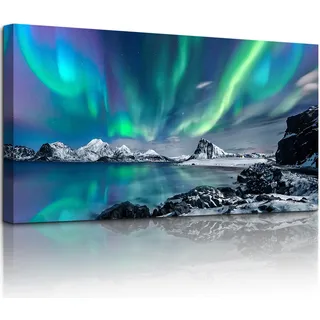 hyidecorart Leinwandbilder Nordlicht Groß Schlafzimmer, Modern Bilder mit Rahmen für Wohnzimmer Natur Wanddeko Grün Polarlicht Landschaft Kunstdruck Deko Zimmer Büro Flur Wohnung