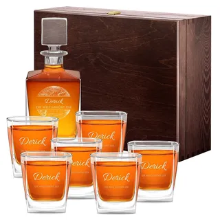 Maverton Whiskey Dekanter 810 ml + 6er Whisky Gläser Set mit Gravur - personalisiertes Whisky Karaffe Set für Männer - Glas Karaffe mit Gläsern für Whiskygenießer - Welt