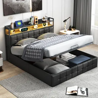OLIVIBED Polsterbett 140x200 cm, Doppelbett mit Lattenrahmen und Kopfteil, Multifunktionales Jugendbett in Schwarz mit Bettkasten, Boxspringbett für 2 Personen, Ohne Matratze, PU