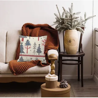 Dekokissen QUEENCE "Weihnachtsbäume karriert", beige (bedruckt gemustert), B:40cm H:1cm L:40cm, Polyester, Dekokissen_Sitzkissen_Kissenhüllen, Dekokissen mit HD Premium Druck Weihnachten