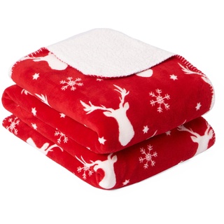 Dreamscene Sherpa-Fleece-Decke mit Weihnachtsmotiv und Hirsch-Muster, Schneeflocke, flauschig, weich, warm, 150 x 180 cm, Rot/Weiß