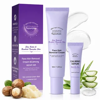 Gesichtshaarentfernung Creme Set 2PCS, Enthaarungscreme Gesicht, Haarentfernungscreme für Männer & Frauen, Facial Hair Removal Cream mit Aloe Vera Serum Set für Damen Oberlippe Kinn Wangen Hautpflege