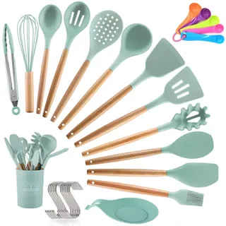 Kochbesteck Küchenhelfer Set,14er Küchenutensilien silikon,Antihaftes Hitzebeständiges Küchenhelfer Set mit Holzgriff,1Aufbewahrungsbehälter,Messlöffel Set,13 S-Haken,5 Löffel,1 Löffel Pad