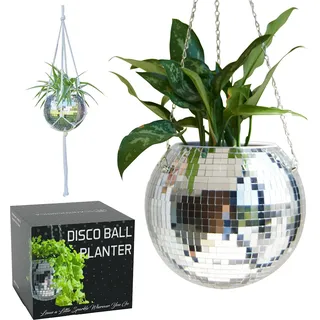 SCANDINORDICA Discokugel blumentopf - Spiegelkugel hängende blumentöpfe, diskokugel Pflanzen, discokugel deko übertopf makramee, Geschenk Freundin | Disco Kugel pflanzentopf – 25 cm Silber