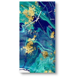 DEQORI Wanduhr 'Marmor mit Goldakzent' (Glas Glasuhr modern Wand Uhr Design Küchenuhr) blau 30 cm x 60 cm