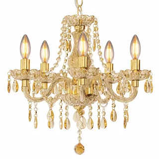 LED Kronleuchter Kristall Deckenlampe Hängeleuchte Lüster Esszimmerleuchte Wohnzimmerlampe, Metall Acryl gold, 5 flammig E14 LED warmweiß, DxH 48x150 cm