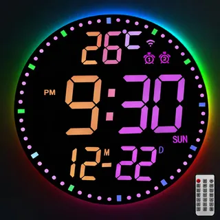 BYZESTY Digitale Wanduhr, 12 Zoll Große RGB Schwarzes Gehäuse Digitale Wanduhr, Fernbedienung LED Wanduhr, Nachtlicht Funktion mit Nachtlicht für Wohnzimmer Schlafzimmer und Büro