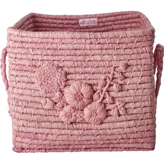 Rice, Spielzeugaufbewahrung, Raffia Square Basket with Flower Embroidery - Pink