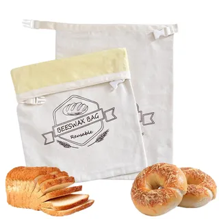 Brotbeutel Bienenwachs,2x Bienenwachs Brotbeutel für Brot Brötchenbeutel, Wiederverwendbare Natürliche Bienenwachs-beschichtete Baumwoll-Aufbewahrungsbeutel für selbstgebackenes Brot und Backwaren