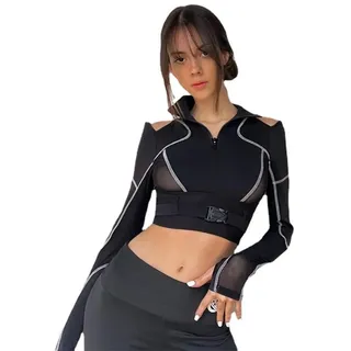 CheJooe Damen Crop Top Goth Schwarz Polo Shirts Asymmetrisch Punk Grunge y2k Motorrad Cool Girl Open Navel Langarm Straße Kleidung, Schwarz 1, S - S
