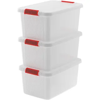 Keter 3er-Set Kunststoffboxen mit Deckel K-Latch L, transparent, ausgestattet mit Griffen, ideal für Kleidung und Aufbewahrung, geeignet für Schränke und Garagen, 43 l, 59 x 39 x 28 cm