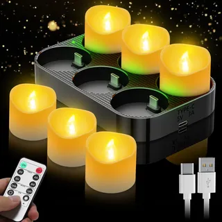 daphomeu Wiederaufladbare LED Teelichter 6 Stück mit Fernbedienung, Elektrische Teelichter mit Timer und USB-C Ladestation, Flammenlose Kerzen für Tischdeko, Partys, Zuhause