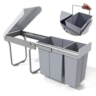 Nisorpa Ausziehbarer Küchen-Mülleimer, 20 l + 10 l, Recycling, Küchenschrank, Mülleimer, Abfalleimer, geschlossener Mülleimer mit zwei Fächern für Müll, Müllsortierung, 480 x 260 x 418 mm, Grau