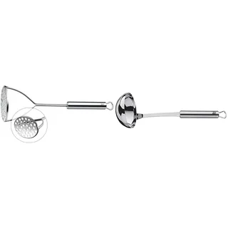WMF Profi Plus Kartoffelstampfer 28,5 cm, Cromargan Edelstahl teilmattiert, spülmaschinengeeignet & Profi Plus Suppenkelle 30 cm, Saucen-/ Schöpflöffel, Cromargan Edelstahl teilmattiert