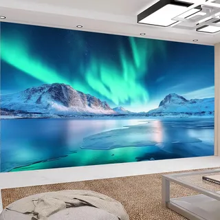 Motivtapete Fototapete Sternenklares Nordlicht Schneebedeckte Berge Tapete Fototapete Vlies Wand Tapete Wohnzimmer Schlafzimmer Kinderzimmer Mädchen Dekoration Wanddeko 400 x 280 cm