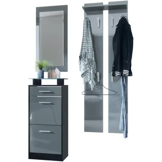 Vladon Garderoben-Set Loret V2 140 x 200 x 23 cm Schwarz matt/Grau Hochglanz