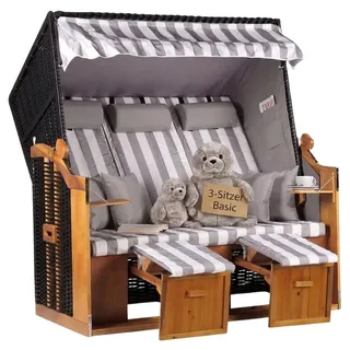 MR.DEKO Strandkorb XXL Ostsee Volllieger Strandkörbe 3-Sitzer 160x80x160cm | wetterfest Grau Weiß Gestreift