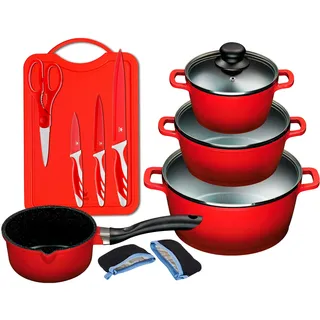 King Aluguss Topf-Set 14-tlg. 3 x Kochtopf + Kasserolle + Messerset + Schere rot