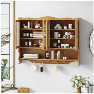 STILVORA Hängeschrank mit Glastüren&Haken,Wandschrank Badezimmerschrank mit Stauraum (100 cm Retro 4-Türiger Wandregal mit Offenem Hakenrack, Robustes Design aus Holz und Glas, 35 kg Tragkraft) beige