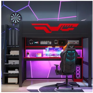 Odikalo Hochbett Jugendbett Einzelbett Leitplanke LED Schreibtisch Treppe mit Stauraum (140 x 200 cm Gaming-Hochbett mit LED-Beleuchtung USB-Anschluss Schwarz (ohne Matratze)