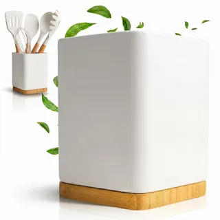 KOOK TIME Küchenutensilienhalter - Utensilienhalter küche aus keramik und Bambus - Quadratischer küchenhelfer aufbewahrung - Weiß - 10,5 x 10,5 x 15 cm (Weiß)
