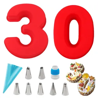 Wondora Groß Kuchenform Zahlen, Backform Zahlen Kit 30, Antihaftend Silikon Backform Zahlen, 9 Stück Spritzbeutel mit Tüllen Set, Zahlentorte für Hochzeit Jahrestag, Geburtstagstorten Partys
