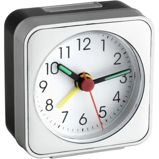 TFA Dostmann Mini Wecker analog ohne Ticken, 60.1019, geräuscharmes Uhrwerk, Nachttischwecker, Reisewecker, Alarmfunktion, Miniuhr, leuchtende Zeiger, Tischuhr, Silber-schwarz