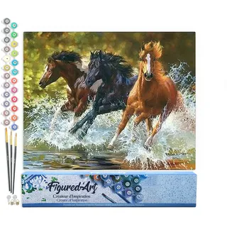 Figured'Art Malen Nach Zahlen Erwachsene Pferde im Wasser - Paint by Numbers Basteln DIY Bastelset 40x50cm ohne Holzrahmen