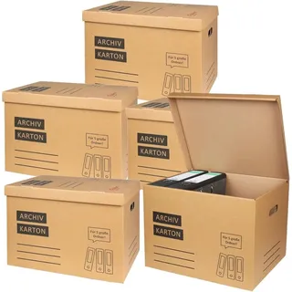 5x Archivkarton Aktenkarton Aktenordner mit Klappdeckel und Boden - für je 5 große A4 Ordner zur Aufbewahrung Organisation Transport Archivschachtel - Braun