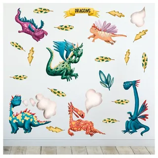 Sunnywall Wandtattoo Drachen - Wandtattoo Kinderzimmer Baby Wandaufkleber (6 St), konturgeschnitten bunt