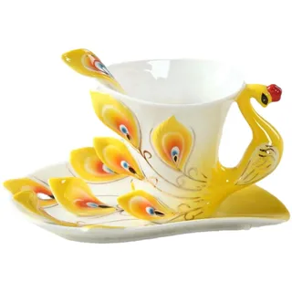 230 ml modische Emaille-Porzellan-Kaffeetasse, kreativer Pfauen-Kaffeetasse, personalisierbar, farbiger Spiegelbecher für Büro, Zuhause, Restaurant, Café, Gelb
