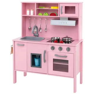 KOMFOTTEU Spielküche Kinderspielküche Holzküche, mit Mikrowelle & Dunstabzugshaube & Herd & Spüle & Backofen rosa