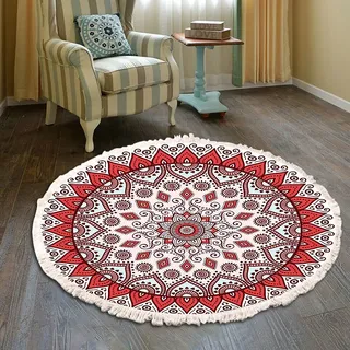 Vintage Boho Baumwolle Teppiche Mandala Muster Waschbar Handgewebte Böhmische Runder Teppich mit Quasten für Schlafzimmer Flur Wohnzimmer Couchtisch Fußmatten,Waschmaschinenfest,90CM Blumen #29