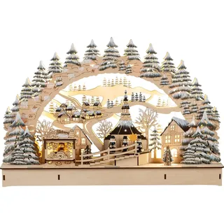 HGD - LED Lichterbogen „Dorf Seiffen“ - 3D Schwibbogen mit Bergkirche & Kurrende-Figuren aus Holz mit Timerfunktion - Weihnachtsdeko mit LED Innenbeleuchtung, ideal als Geschenkidee - 45 x 30 x 7 cm