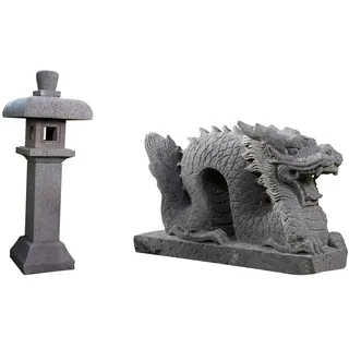 IDYL 2er Set | Lavastein-Skulptur Laterne Lava Oribe 120 cm + Lava-Stein Tierfigur China Drache |Höhe 40 cm | frostfest | Asiatische Teich-Dekoration Dragon | massives Naturprodukt | für Garten