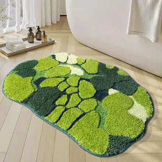 Rora Grüner Moos-Badezimmerteppich, niedliches Blatt-Badematte für Badezimmer, rutschfest, weiche Mikrofaser, wasserabsorbierend, ästhetisch, grün, Boho-Plüschteppich für Dusche, 81x50 cm