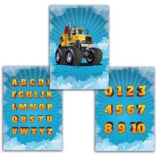Plakat für Kinderzimmer Monster-Truck Zahlen Buchstaben ABC Poster Jungen Deko für Babyzimmer Wandbilder A4 (3-er Set)