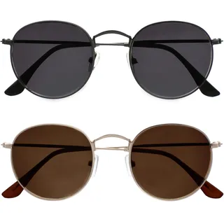 OPULIZE Sol Sonnenbrille 2er Pack Dünner Rand Runde Retro-Metallfassungen Kratzfest Getönte Linse UV400-Schutz Metallgrau Schwarze Gold Braun Herren Damen SS94-79 +0.00