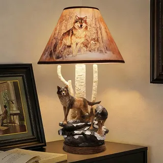 TkTsjtle Moderne skandinavische Nachttischlampe, rustikale Wolfsdekor-Tischlampe E27, kreative Harz-Schreibtischlampe mit Holzfuß für Schlafzimmer, Arbeitszimmer, Esszimmer