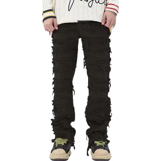 Herren gestapelte Jeans zerrissene Jeans Flicken zerrissene Jeans Patchwork Jeans Y2K Gothic Harlekin Tag Cool Rock Hip Hop Denim Hose Patch geprägte Jeans - L